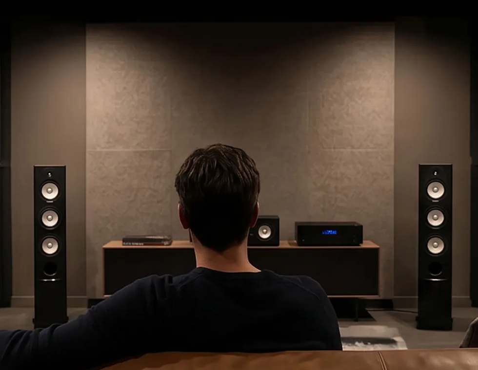 Man sitting in front of a TV console with Energy Connoisseur speakers