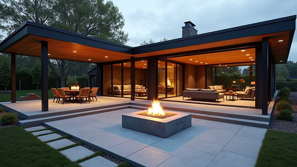 Wide angle view of custom home backyard with covered patio and fire pit