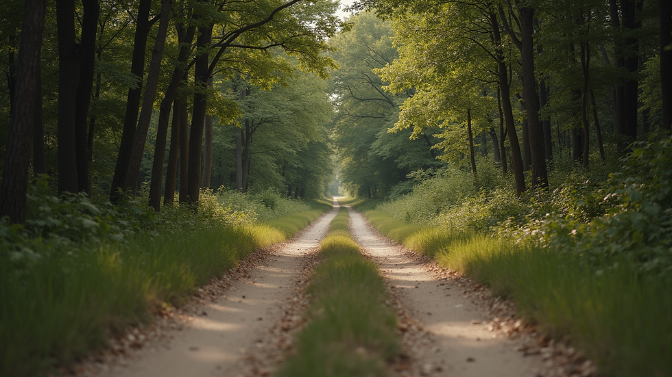 Eye-level view of a rural dirt road leading through a wooded area