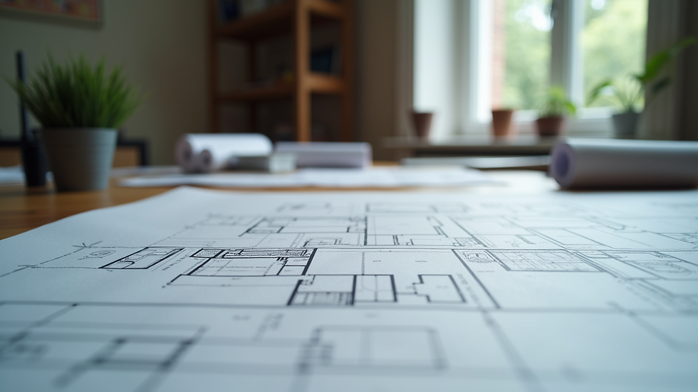 Eye-level view of detailed architectural blueprints on a drafting table