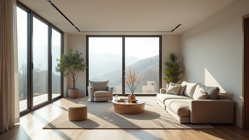 Eye-level view of a spacious living room with large windows and minimalist furniture