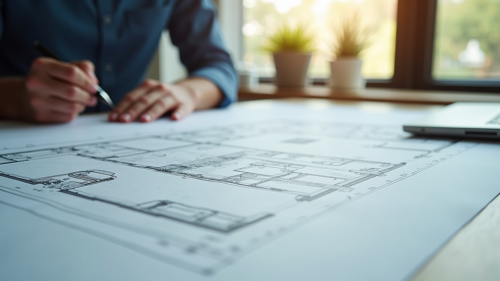 Close-up view of a detailed architectural floor plan on a drafting table