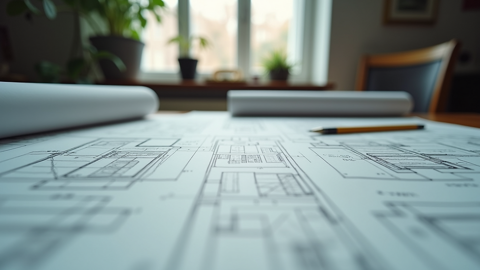 Eye-level view of a drafting table with various architectural blueprints