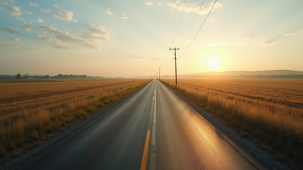 High angle view of a paved country road running alongside open farmland