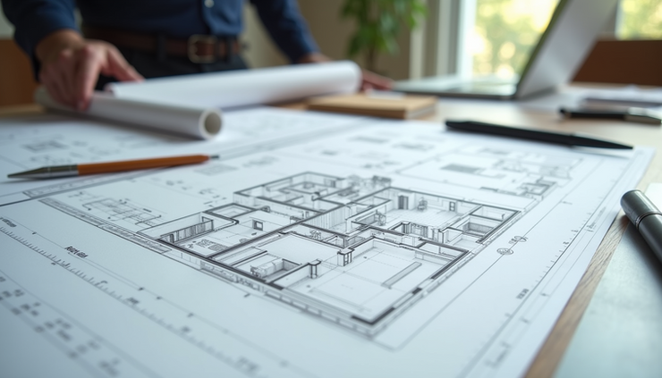 Eye-level view of detailed architectural house plans spread on a drafting table