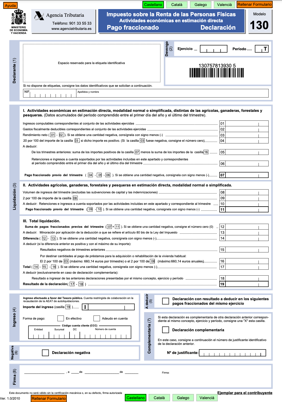 Pago fraccionado del IRPF: Modelo 130