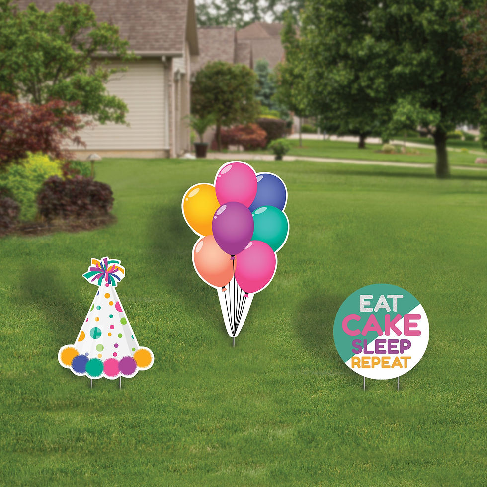 Multi Party Hat 30Hx24W Balloons 36Hx21W Sign 22D