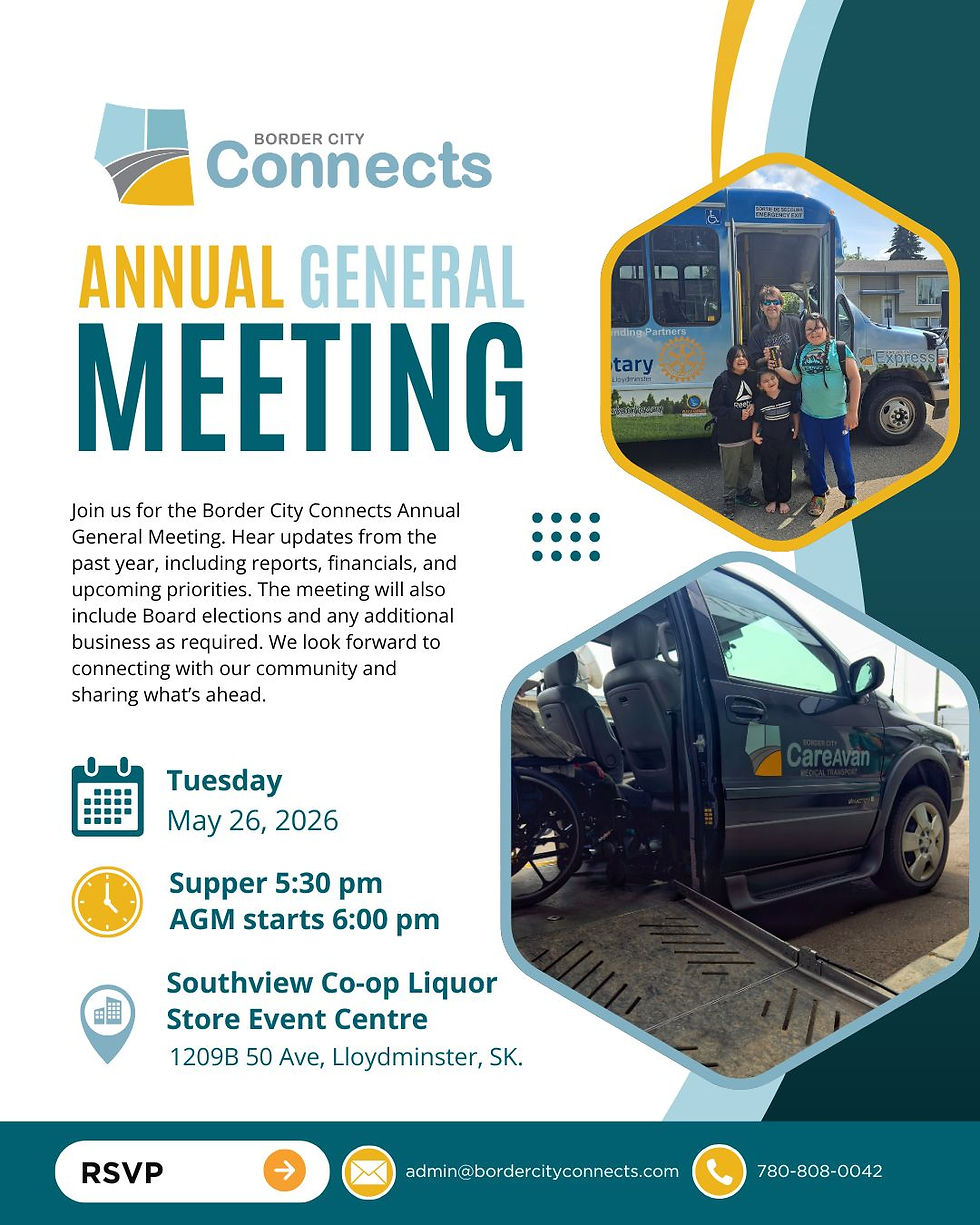 Border City Connects AGM flyer with meeting details: May 26, 2026, at Southview Co-op, Lloydminster, SK. Images of bus and people.