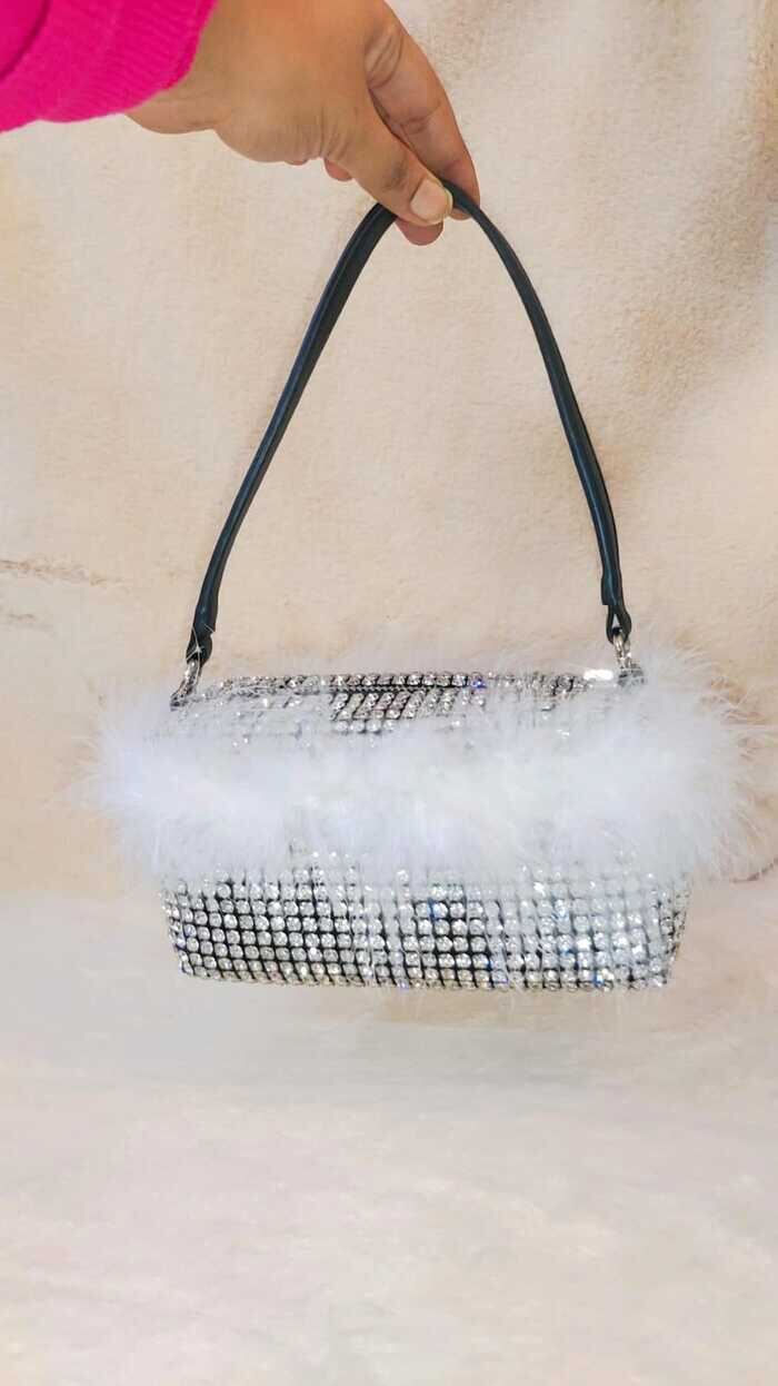 Thumbnail: White  Fur Rhinestone  party bag