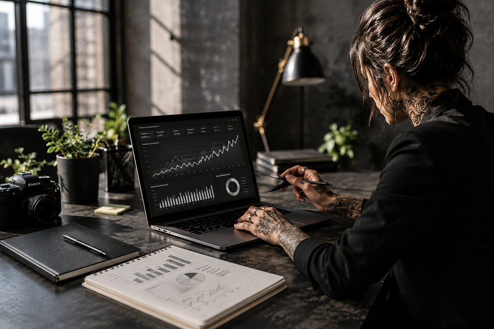 (Analytics dashboard on laptop with charts and graphs)

Marketing strategist reviewing website analytics, performance dashboards, and business growth metrics on a laptop in a modern industrial workspace.