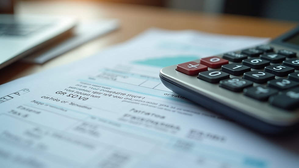Close-up view of a calculator and tax documents