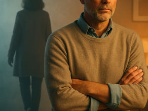 Man with arms folded as wife walks out of the room.