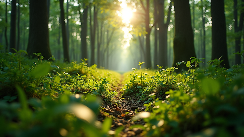 Eye-level view of a lush green forest with sunlight filtering through the trees
