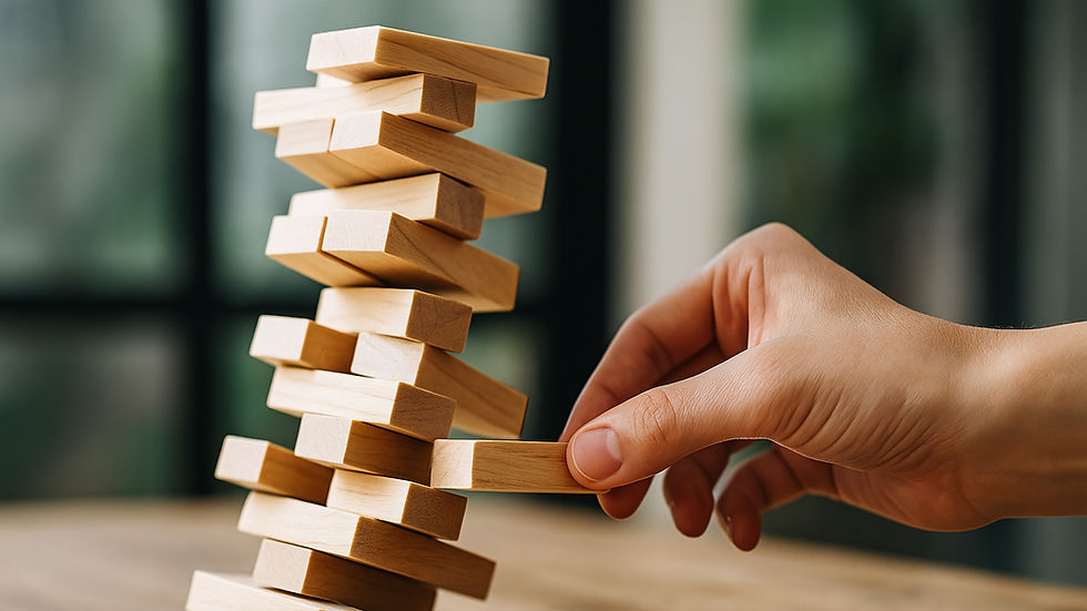 A close-up photo of a hand pulling a wooden block from a wobbly Jenga tower, symbolizing the fragility of economic and political systems.