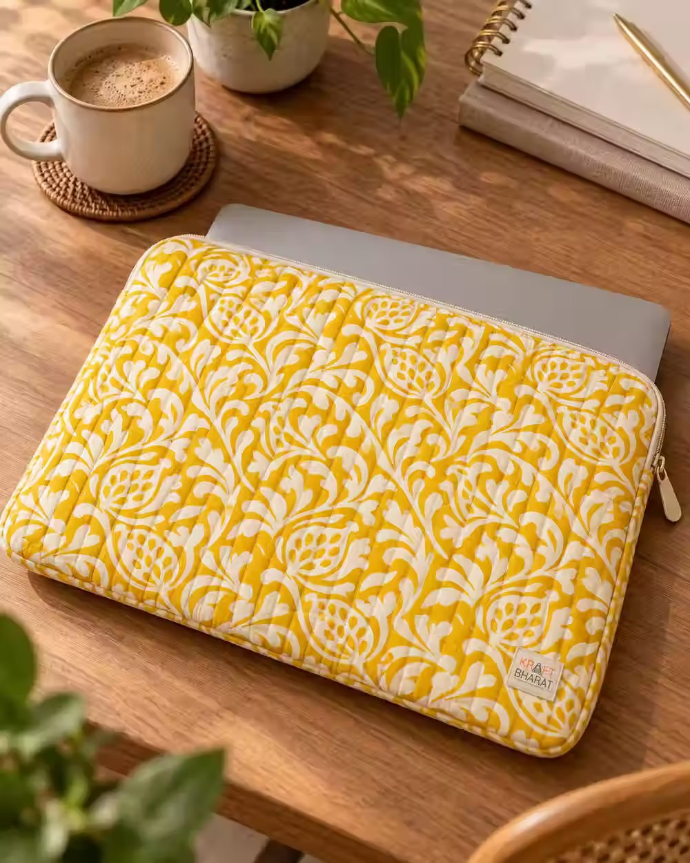 Kraft Bharat Hand Block Print Quilted Laptop Zip Sleeve, Yellow Botanical, hand block print product concept