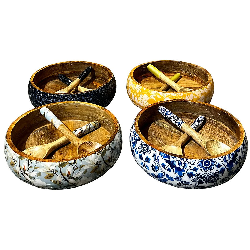 Kraft Bharat Epoxy Resin Salad Bowl with Spoon and Fork, Yellow Floral, handmade in India, view 2