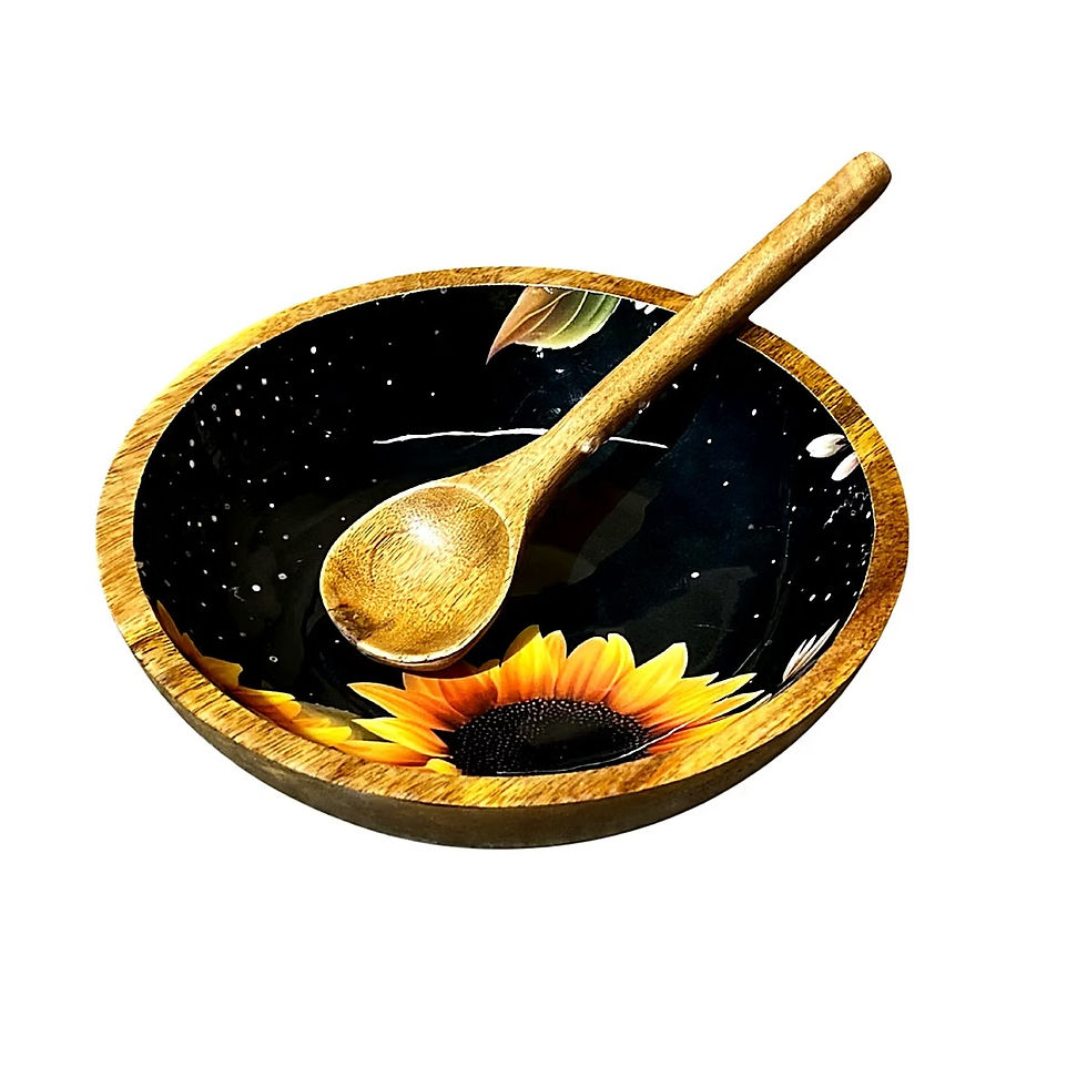 Kraft Bharat Epoxy Resin Salad Bowl with Spoon, Sunflower on Black, handmade in India