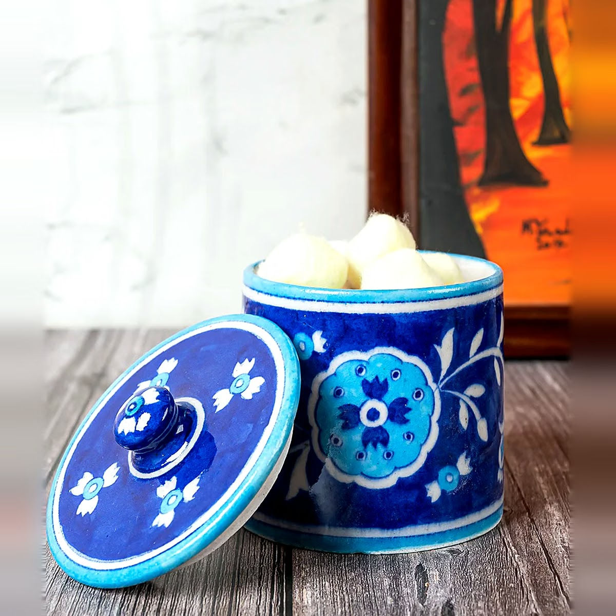 Jaipur Blue Pottery Canister with Lid, Blue, handmade Jaipur blue pottery