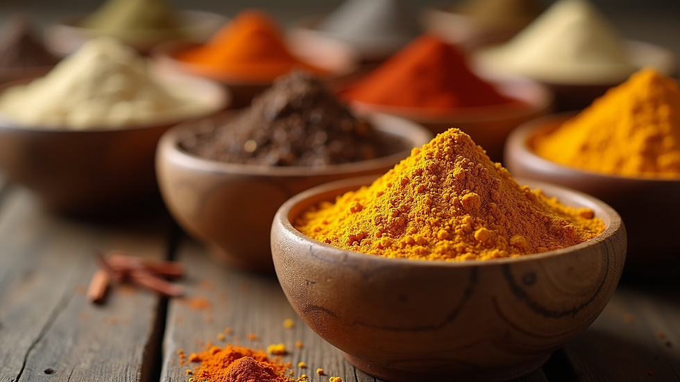 Close-up view of assorted Indian spices in wooden bowls