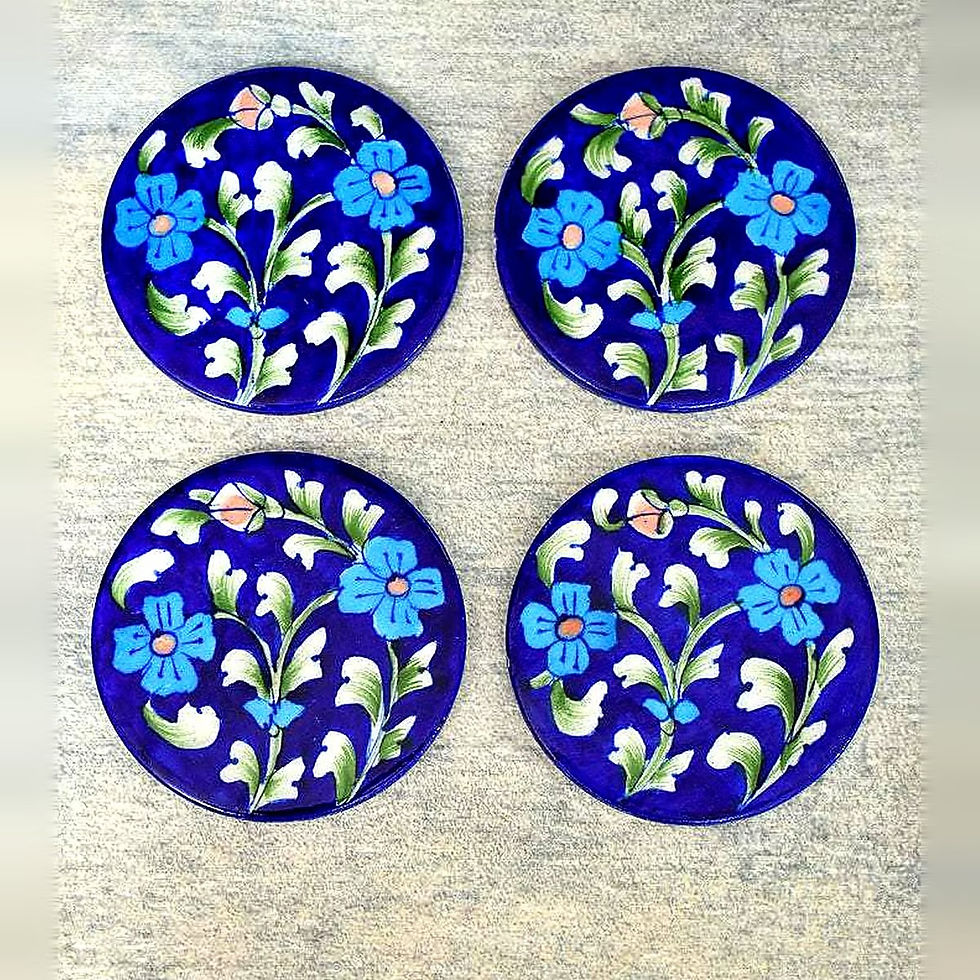 Jaipur Blue Pottery Coaster Set with Box, Blue, handmade Jaipur blue pottery