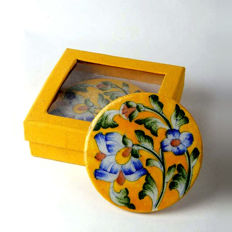 Jaipur Blue Pottery Coaster Set with Box, Yellow, handmade Jaipur blue pottery