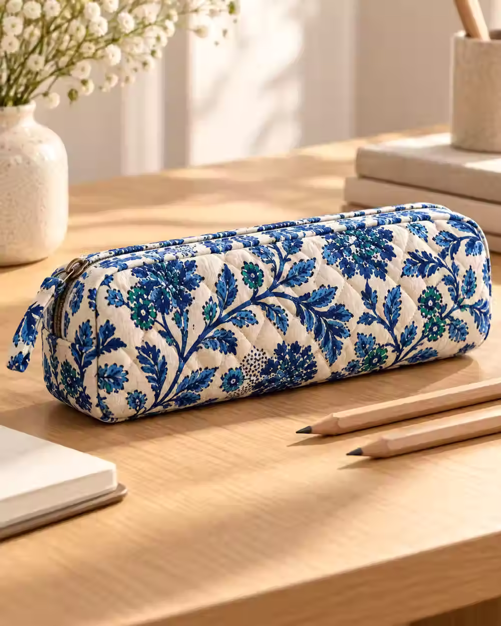 Kraft Bharat Hand Block Print Quilted Pencil Pouch, Indigo Botanical, hand block print product concept