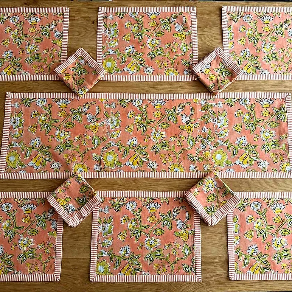 Kraft Bharat Hand Block Print Table Linen Set, Peach Meadow, hand block printed in India
