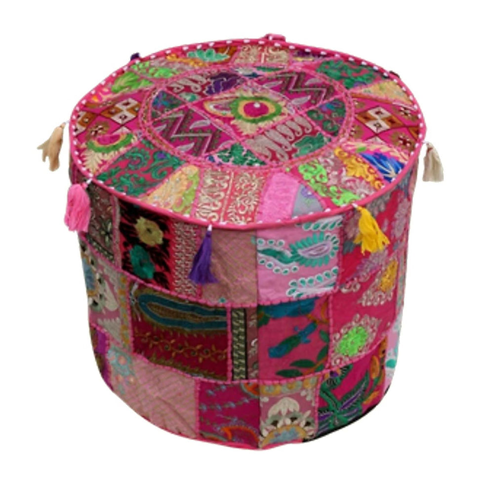 Kraft Bharat Handmade Patchwork Pouf Cover 22 x 22 x 14 in, Pink, handmade in Jaipur, India