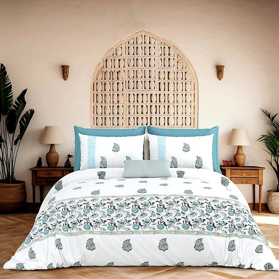 Sanganeri hand block print bedsheet on a white ground, made in India