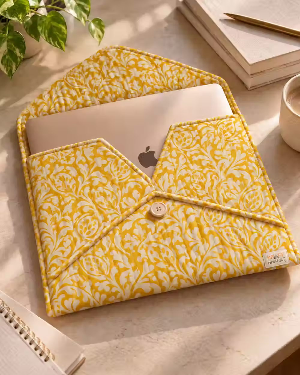 Kraft Bharat Hand Block Print Quilted Laptop Envelope Sleeve, Yellow Botanical, hand block print product concept