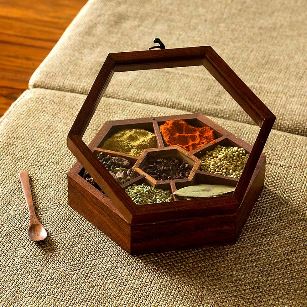 Thumbnail: Kraft Bharat Wooden Hexagonal Spice Box with Spoon, handmade in India, view 4