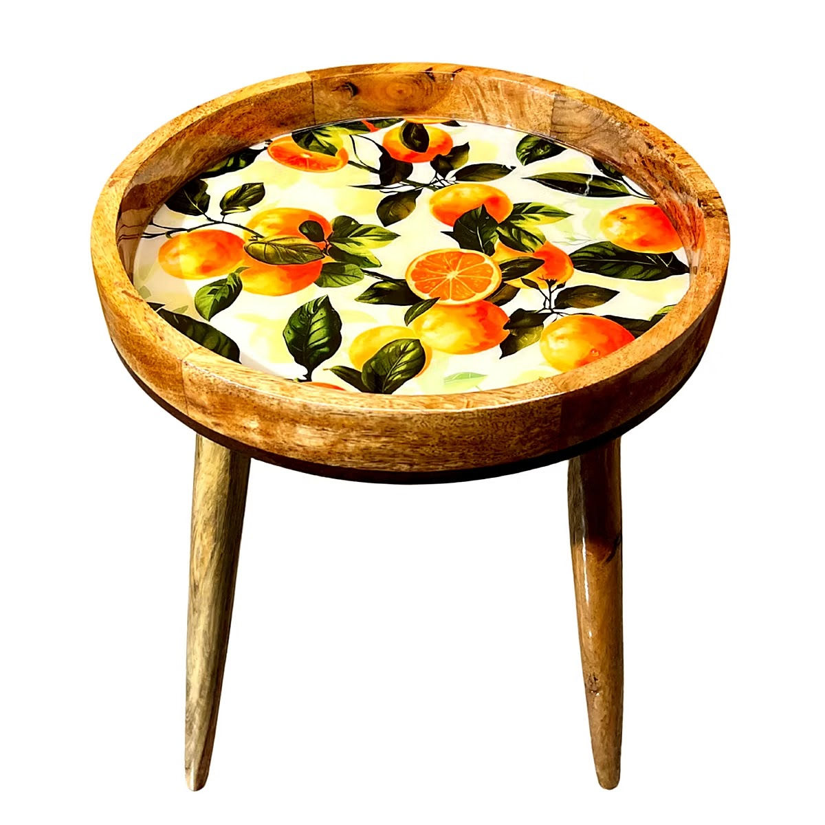Kraft Bharat Epoxy Resin Foldable Wooden Stool, Orange Fruit, handmade in India