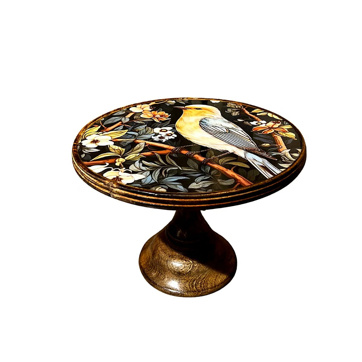 Kraft Bharat Epoxy Resin Foldable Wooden Cake Stand, Songbird on Black, handmade in India