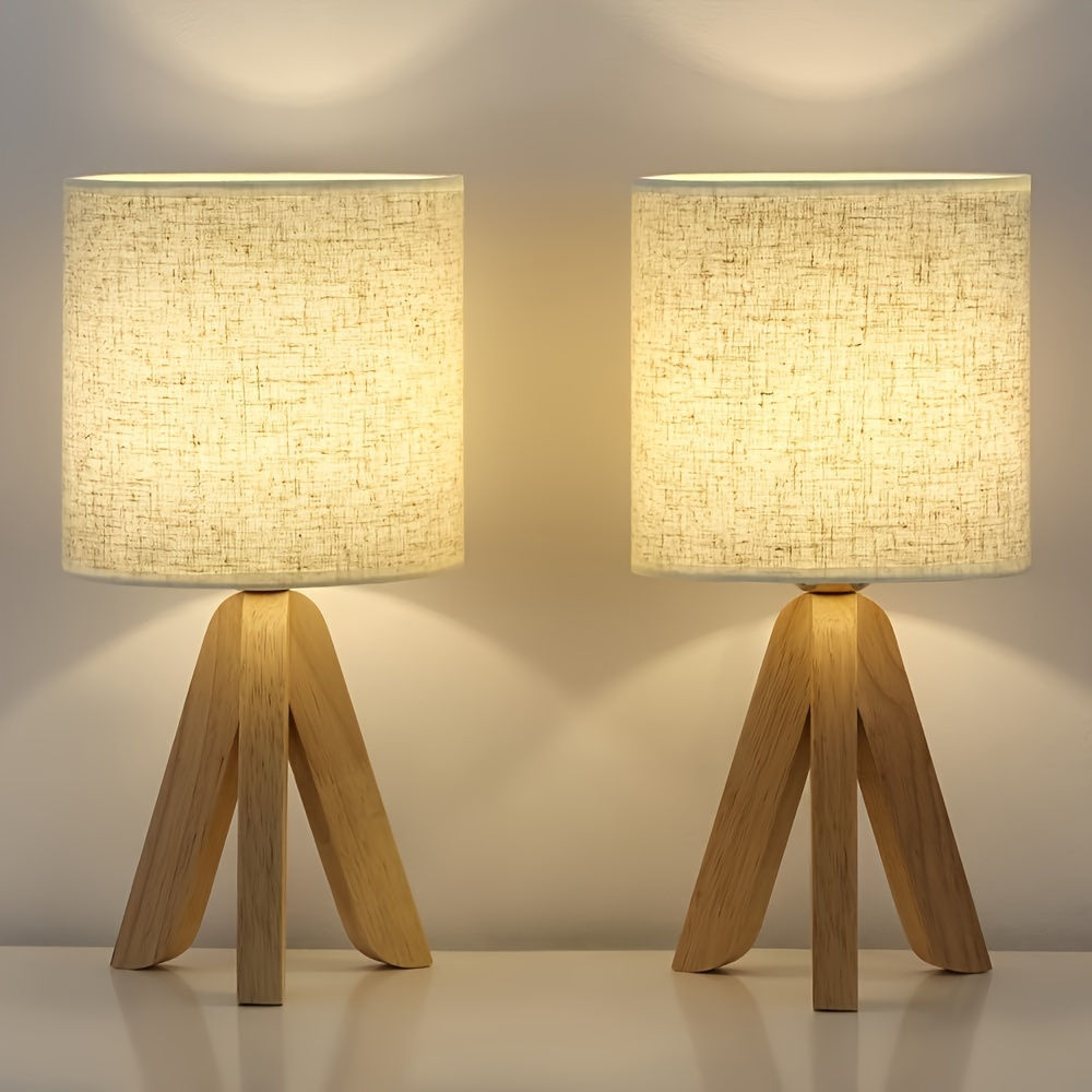 LYOOWNG Wooden Tripod Table Lamp with Linen Shade, E26 E27 Base, Key Control, De