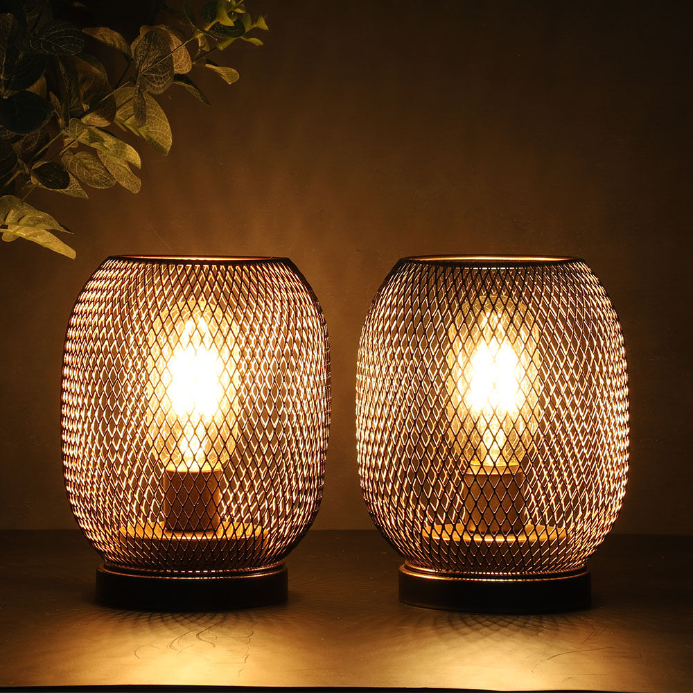 2 יחידות מנורת שולחן כלוב מתכת בצורת עגולה LED פנס סוללת מנורת אלחוטית