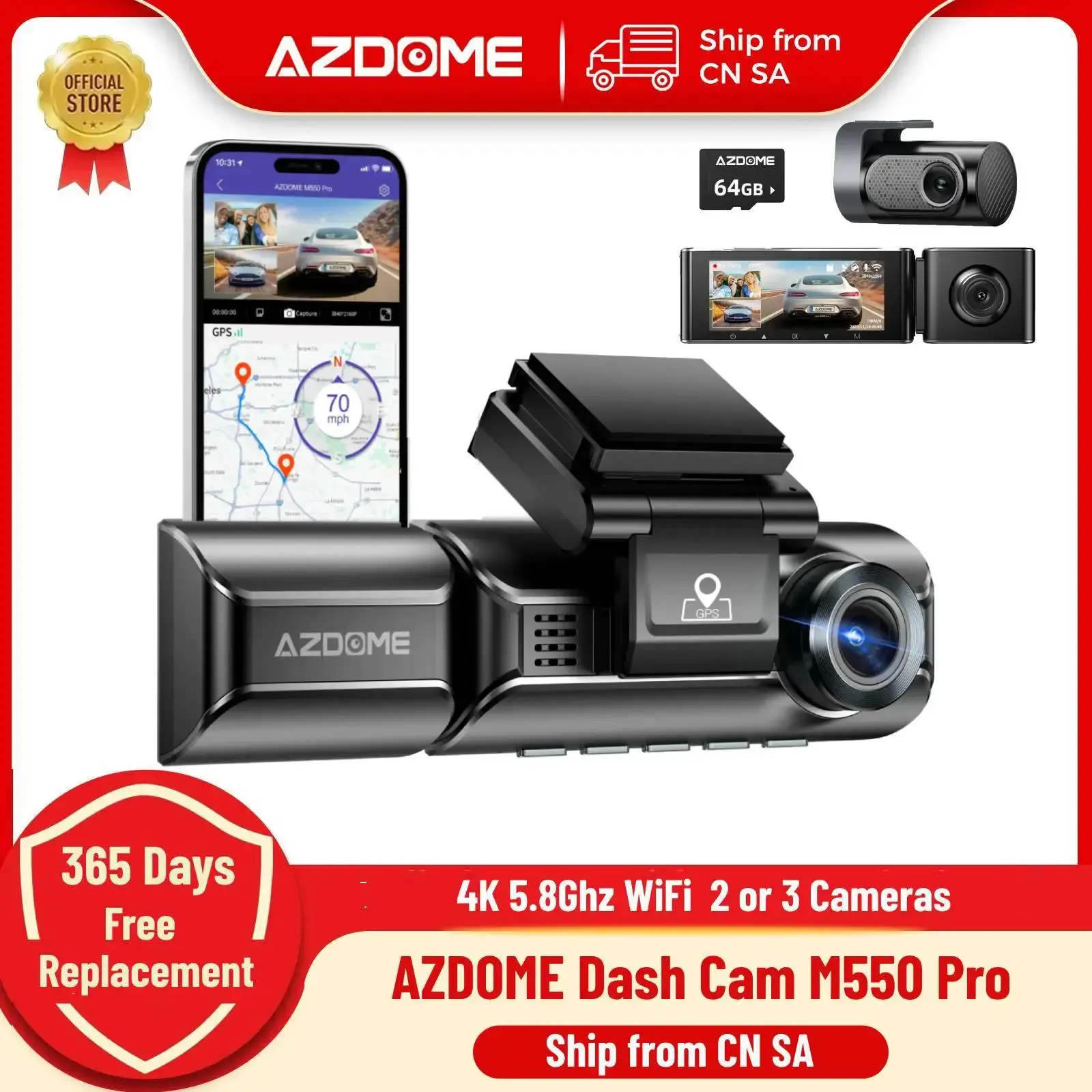שדרוג AZDOME M550 Pro Car DVR מצלמת Dash 4K 5.8Ghz WiFi 2/3 מצלמות קדמית/תא/