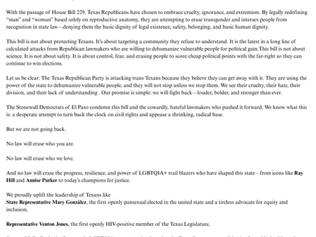 Breaking: Republicans in the Texas Legislature continue their extremist attacks against LGBTQIA+ Texans with the passage of HB 229