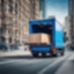 a blue modern delivery truck from behind in a big city, .jpg