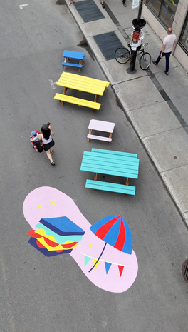 Fresque au sol pour une piétonnisation sur la rue wellington sur le thèeme du roadtrip au Québec