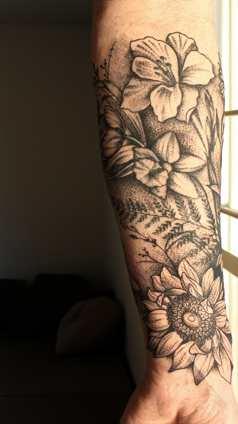 Black dotwork forearm composition of large flowers and a sunflower