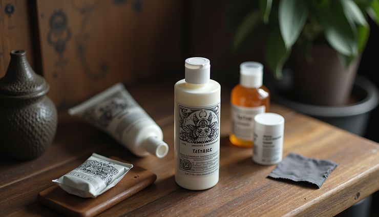 High angle view of tattoo aftercare products on wooden table