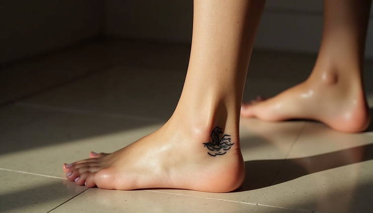 High angle view of a small wave tattoo on the ankle