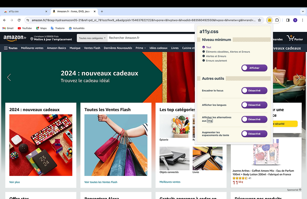 Fonctionnalités présentent avec l'extension A11Y.CSS, montrant l'encadrement du focus, l'espacement de texte, l'alternative aux images, et l'affichage des langues à sélectionner suivant le besoin de l'utilisateur.