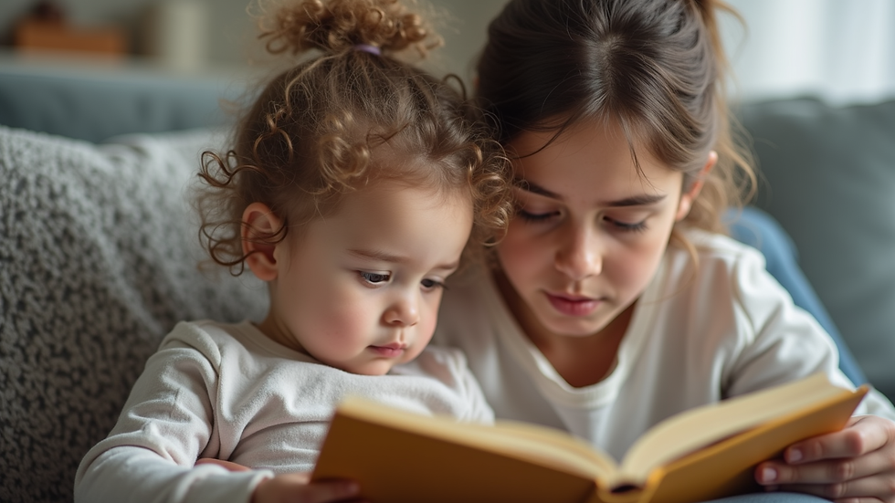 Close-up view of a nanny and child reading a book together