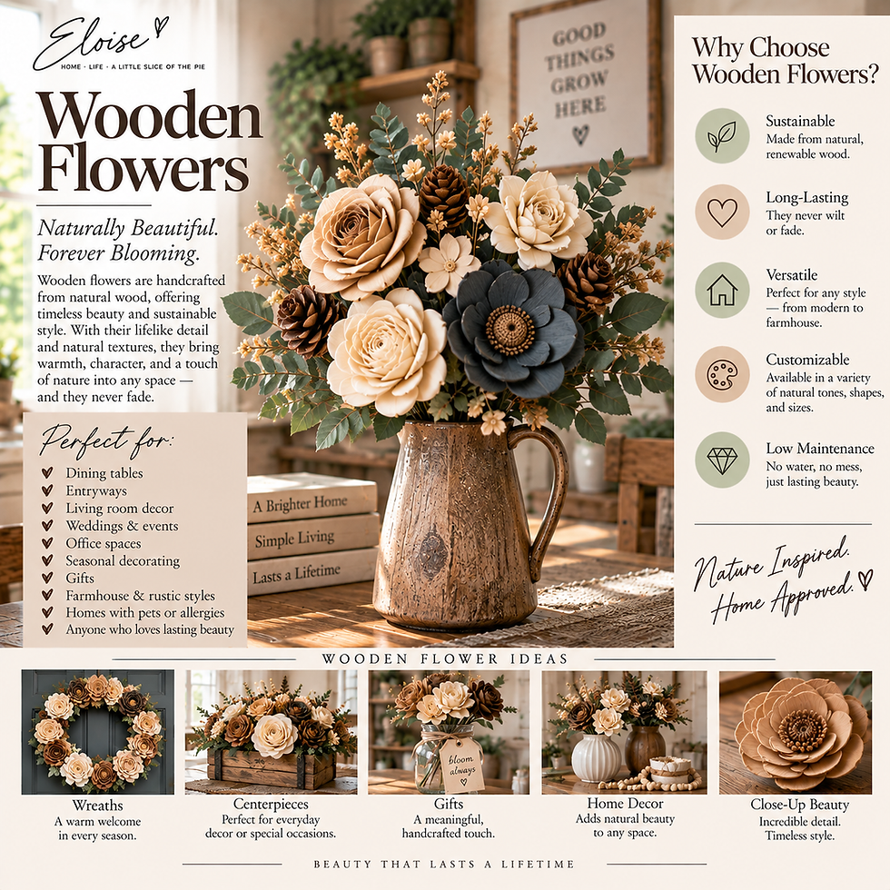 Wooden and sola wood flowers arranged as natural-looking, long-lasting home decor.