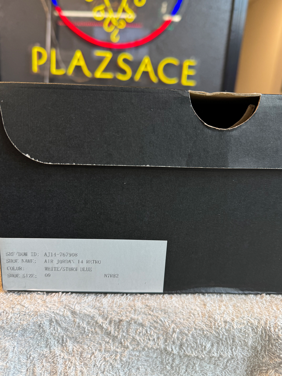 Thumbnail: Black shoe box with PLAZSACE, Jordan 14 Retro, white/black-blu, size 8.