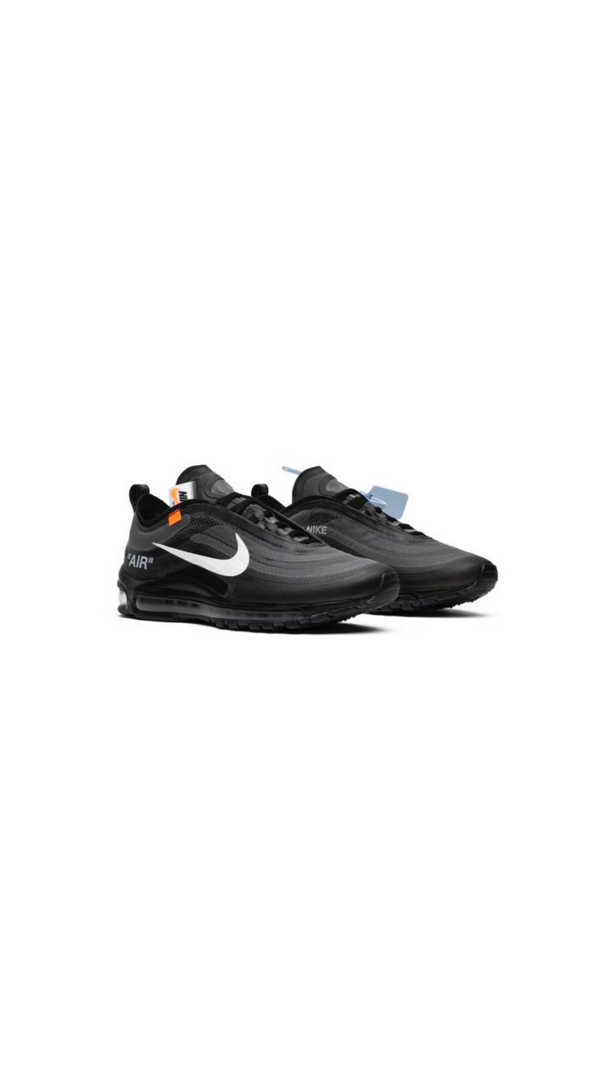 Black Nike Off-White sneakers featuring white swoosh and orange accents.