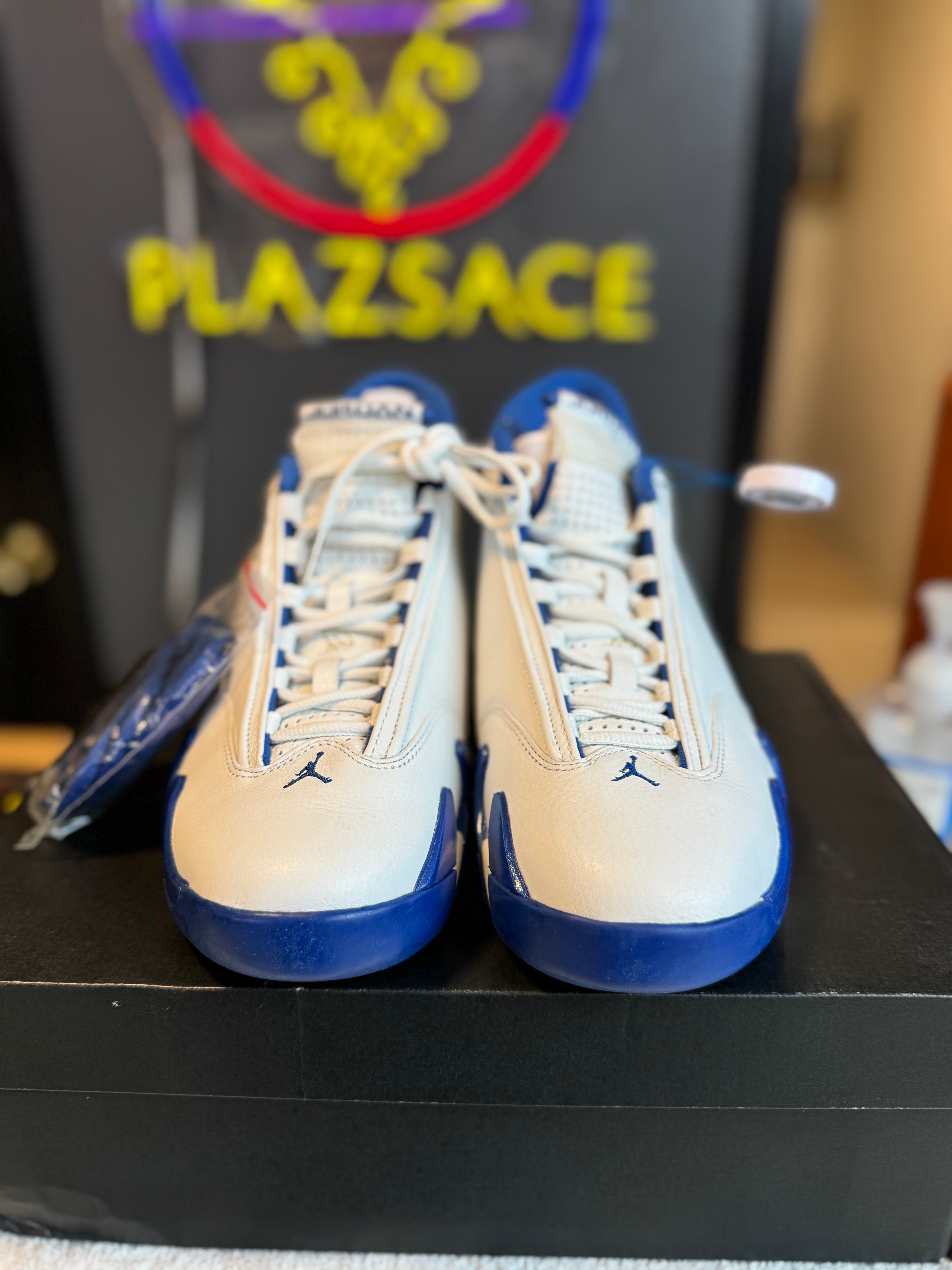 White and blue Air Jordan 14 sneakers in front of PLAZSACE.