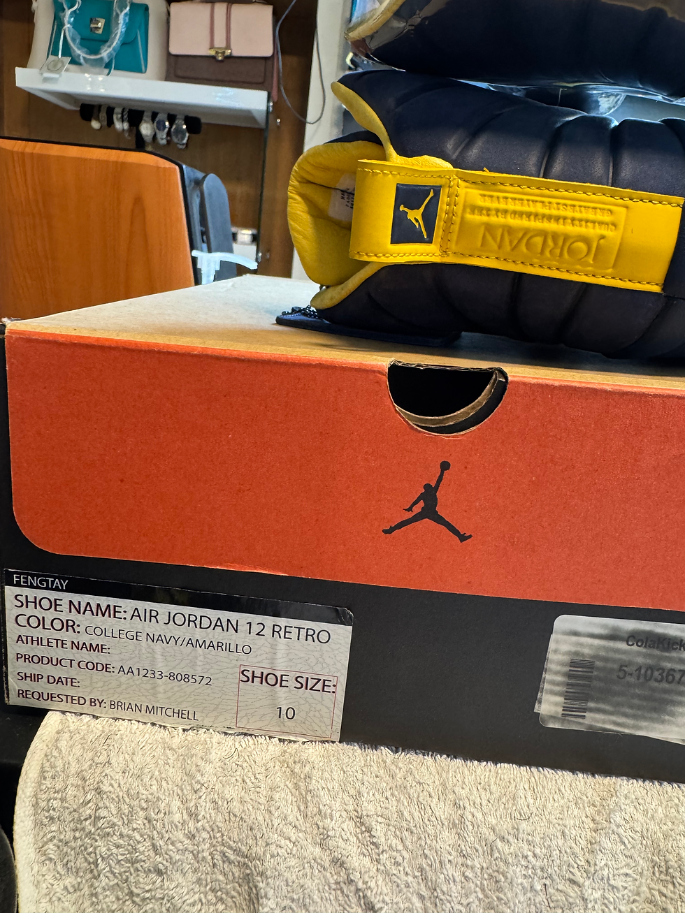 Thumbnail: Air Jordan 12 Retro box, College Navy/Amarillo, size 10, with shoe.