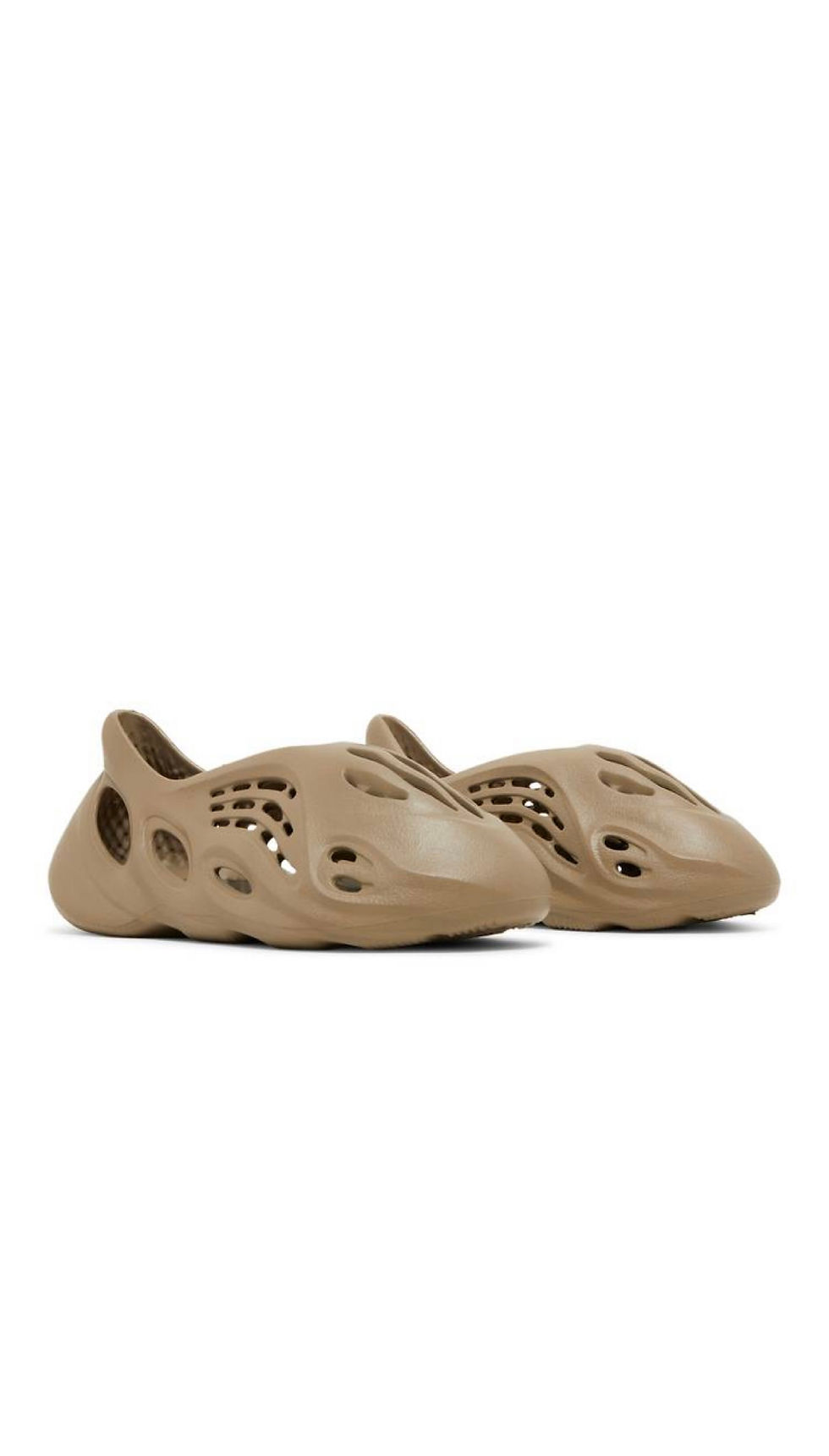 Pair of brown, perforated foam slip-on shoes on white background.